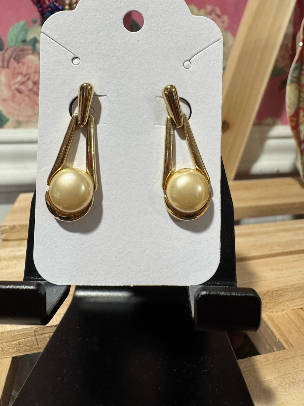 Trifari dangle clip on tear drop pearl like earrings vintage